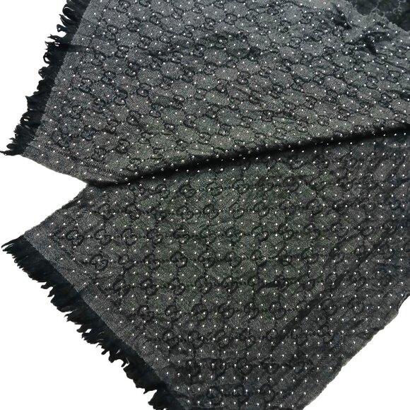 Gucci Rare Vintage Studded Dark Grey & Silver Reversible GG Logo Print Shawl - Picture 3 of 10